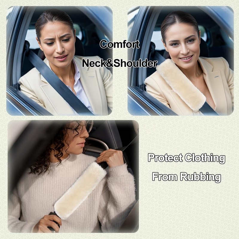 AOGELAN 2 Pack Fluffy Fuzzy Genuine Sheepskin Car Seat Belt