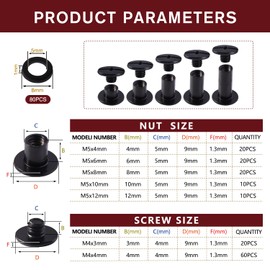 YIXISI 80 Set M5 x 4/6/8/10/12 mm Chicago Binding Screws Assorted Kit, 5 Sizes Book Binding Rivets Kit, Leather Rivets Kit, for DIY Leather Decoration Bookbinding, Gun Black