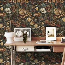 Farrich Vintage Tulip Floral Peel and Stick Wallpaper, Dark Emerald Green Art Nouveau Waterproof Contact Paper, Renter Friendly Self Adhesive Decor for Accent Walls Furniture 17.3" x 118"