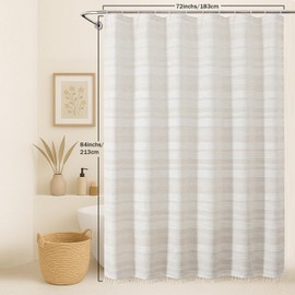 OVZME Extra Long Linen Shower Curtain - 84 Inch Long, Modern Farmhouse Heavy Duty Textured Soft Fabric, Rustic Country Boho Cloth Shower Curtain with Tassel for Bathroom Hotel, 72Wx84L Inches