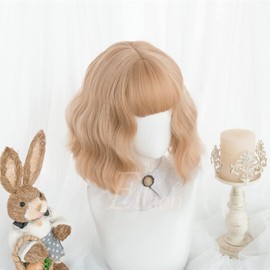 Eileen Short Beige Wig, Harajuku Style, GAL Type, Heat Resistant, Natural Fluffy, Curl, Perm, Medium, Wig, Curly Hair, Small Face Effect, Net Included