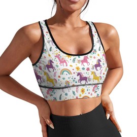 Delerain Unicorns Rainbow Women Sports Bra with Pads Yoga Tank Tops Fitness Workout Running Crop Top U Neck, M
