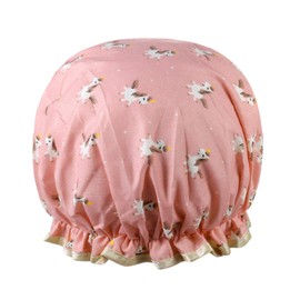 Vtrem Shower Caps Reusable Lace Elastic Band Unicorn Pattern Printed Bathing Hat Double Layer Waterproof Hair Bath Cap for Women All Hair Lengths and Thicknesses, Pink