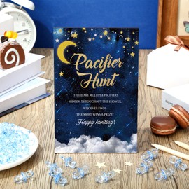 Thyle 51 Pcs Pacifier Hunt Baby Shower Games Include Baby Pacifier Hunt Sign and 50 Acrylic Baby Pacifiers Baby Pacifiers for Baby Shower Game Gift Sets Gender Reveal(over the Moon)