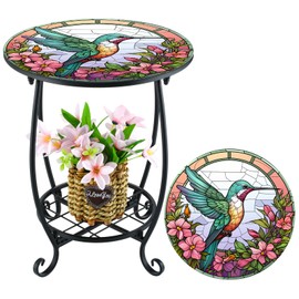 Cinnvoice 14" Outdoor Side Table Round Small Mosaic Patio Accent Indoor End Plant Metal Coffee Tea Table for Yard Porch Garden Patio Living Room, Bedroom(Mandala Flower Style,14")