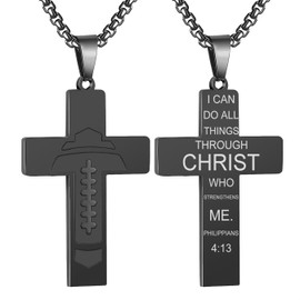 RWQIAN Philippians 4 13 Football Cross Necklace for Men Boys, Stainless Steel Black Necklace Pendant Chain 24 Inch, Engraved Inspirational Bible Verse Religious Jewelry Gift