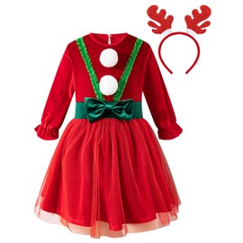 Yruiz Little Girls Toddler Christmas Santa Claus Costume Dress Party With Deer Ear Hair Band（5-6Y）