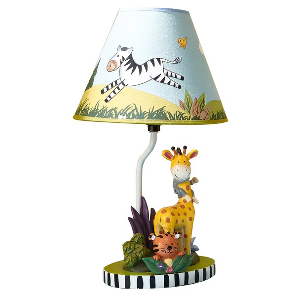 Fantasy Fields - Sunny Safari Animals Thematic Kids Table Lamp, for Girls & Boys Rooms with Printed Zebra Lampshade & Sculpted Monkey, Giraffe, & Tiger Base, Jungle Lamp for Nurseries & Baby Rooms