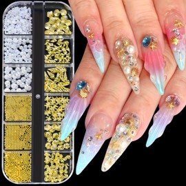 12 Grids Mixed Nail Charms Set Summer Nail Art Charms 3D Metal Nail Art Studs Mixed Shapes Gold Shell Seahorse Starfish Conch Alloy Nail Rivets Nail Rhinestones Caviar Beads Nail Supplies for Women