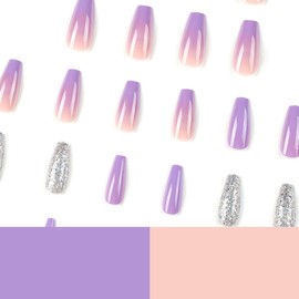SWEKKE Medium Coffin Purple French Gradient Full Cover False Nails with Glitter Designs - Reusable Artificial Acrylic Glossy Glue on Nails for Women's Manicure