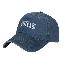 Funny Hooked On Jesus Christian God Faith Cross Trucker Hat Fun Summer Baseball Cap Black Snapback Dad Hat, Navy Blue, One Size