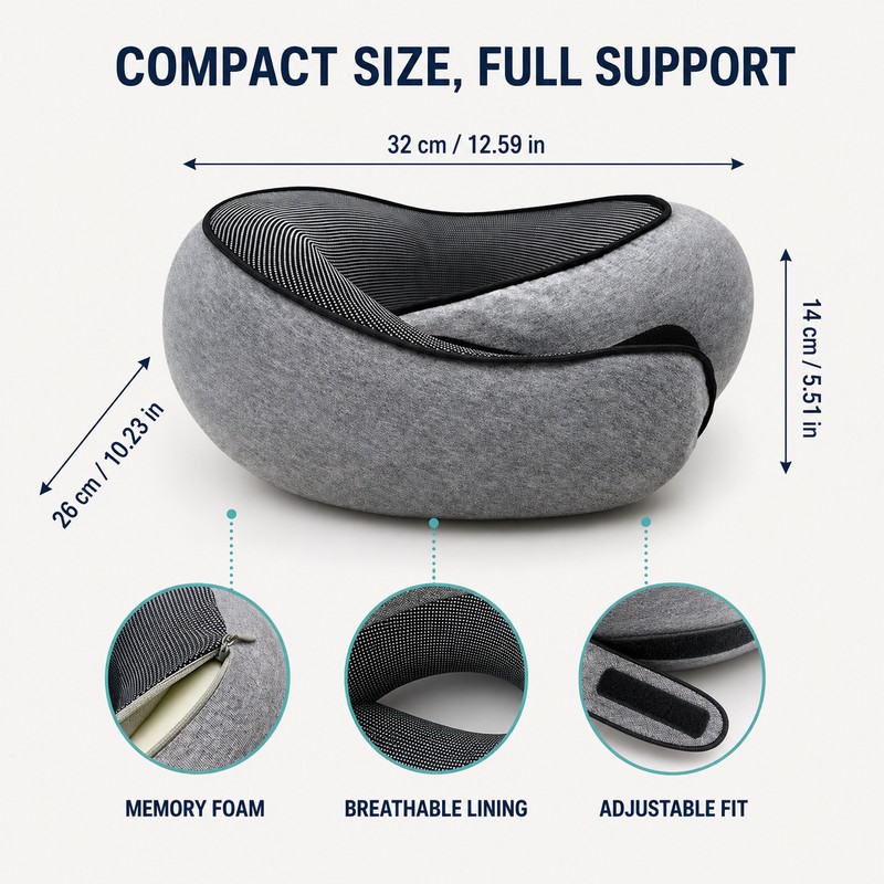 U-Shaped Memory Foam Travel Neck Pillow with Adjustable Velcro and