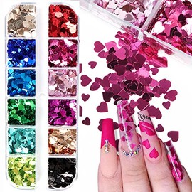 3D Heart Nail Art Stickers Glitter Decals Holographic Heart Nail Sequins Sparkle Nail Flakes Valentine's Day Shiny Charms Design for Acrylic Nail Supplies Manicure Decorations Accessories 12 Colors