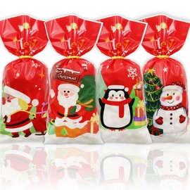 Christmas Candy Treat Bags, 50 Pcs Goodie Bags, 4 Style Santa Claus Snowman Penguin in Red Cellophane Gift Bags with Gold Twist Ties for Christmas Party Birthday Holiday