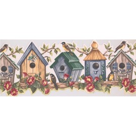 CONCORD WALLCOVERINGS ™ Floral Wallpaper Border Flowers and Bird Houses Design for Living Room and Kitchen, Blue Green Red White, Size 10 in x 15 Ft HH90162B
