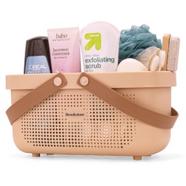 Brookstone BKH1634, Large Portable Shower Caddy with Soft Silicone Carrying Handle, Bathroom Organizer Basket, Plastic Bath Tote, Dries Quickly with Drainage Holes [BPA Free], Blush Color