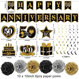 Turypaty Happy 50th Anniversary Decorations Kit, Black Gold 50th Wedding Anniversary Party Supplies - Large Happy Banner Backdrop, Table Centerpieces, Hanging Swirls, Paper Pompoms