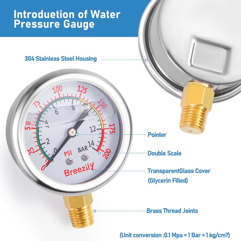 Water Test Pressure Gauge,2.5" Dial,0-200PSI/0-1.4MPA,with 1/4x 1/2 NPT and 1/4x