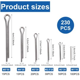 230 Piece Cotter Pin Set, Cotter Pins Assortment, M1 M2 M2.5 M3 M4 M5, 6 Different Sizes, U-shaped Cotter Pin with Assortment Box, for Cars, Motorhomes, Garden Tools