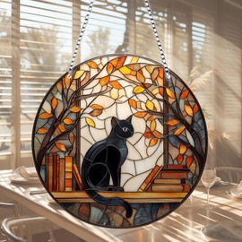 Black Cat Gothic Window Hanging Ornament, Acrylic Autumn Hanger Suncatcher, Sitting On Bookshelf Decoration Wall Art Sun Catcher Decor, Book Lover Gifts Patio Garden Home Decoration (Black Cat)