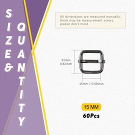 Swpeet 60Pcs 5/8 Inch - 15mm Gun-Black Metal Rings Metal Rectangle Adjuster Triglides Slides Buckle, Roller Pin Buckles Slider Strap Adjuster Keychains for Belt Bags DIY (Gun-Black, 5/8 Inch)