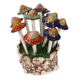 Ebros Gift Enchanted Fairy Garden Colorful 12 Piece Ceramic Mushroom Picks Set with Tree Trunk Planter Holder Fairies Pixies Fantasy Decor Sculpture