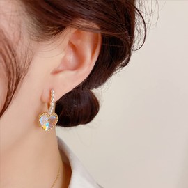 Sonateomber Iridescent Rainbow Heart Drop Dangle Small Pearl Hoop Huggie Earrings for Women Cute Lovely Gold Circle Daily Cartilage Love Valentine Jewelry Gift