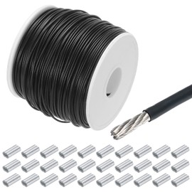 QUARKZMAN 328 ft (100 m) Wire Rope 304 Stainless Steel Cable 3/64 Inch (1.2 mm) Vinyl Coated with 30 Aluminium Sleeves for Hanging, Washing Lines, Lifting Black