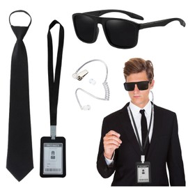 Agent Costume Set Secret Security Service Accessories Kit Includes Zipper Tie Black Sunglasses Earpiece and ID Card for Party Cosplay for Men Women Teens (1 Set)