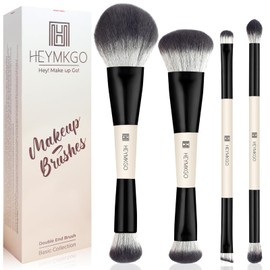 HEYMKGO Makeup Brushes Set, 4Pcs Professional Dual-ended Foundation Contour Power Face Eyeshadow Brush set for Liquid,Cream, Powder for Blending Contouring Makeup Tools- Great for Travel Use, Black