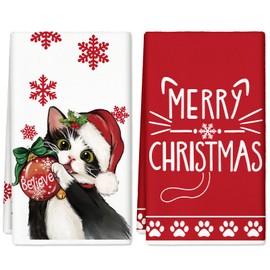 AnyDesign Merry Christmas Kitchen Towels Red Xmas Cat Kitchen Dishcloth 18 x 28 Inch Ultra Absorbent Tea Towel Drying Hand Towel for Holiday Home Kitchen Cooking Baking, Set of 2