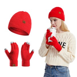 INSISMY Womens Winter Knit Beanie Hat and Touchscreen Gloves Set Warm Soft Double Layer Fleece Lined Beanie Skull Caps for Women