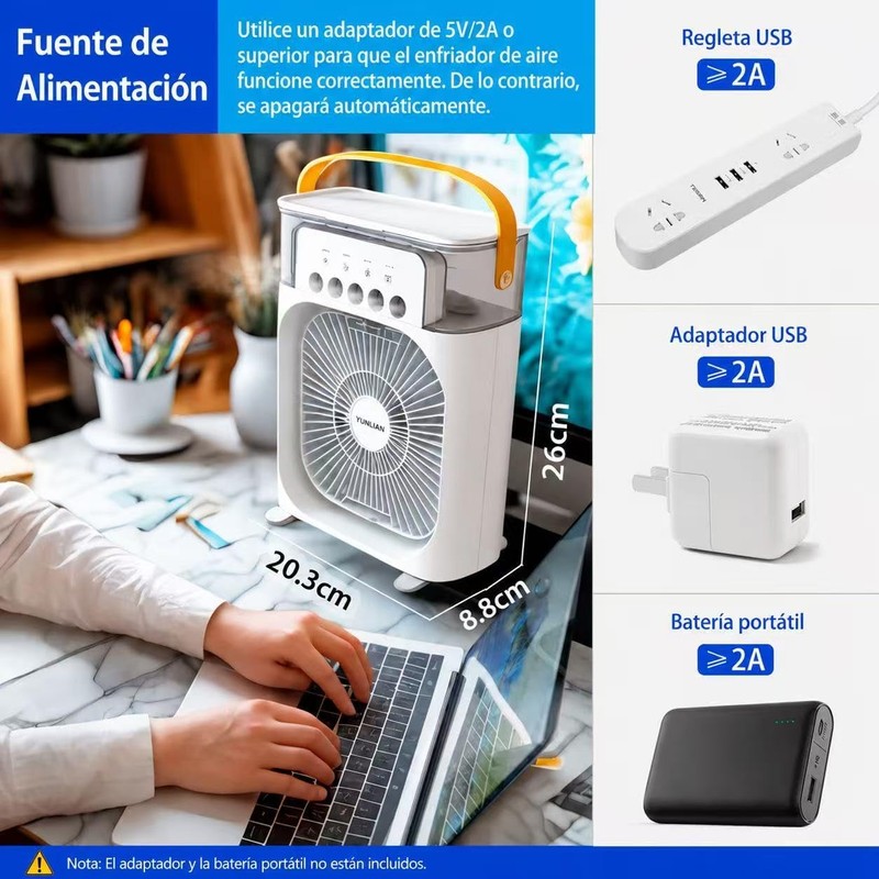 Ventilador Portátil con Humidificador, 5 Salidas de Niebla, 3 Velocidades