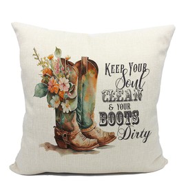 Retro Western Country Floral Cowboy Boot Keep Your Soul Clean and Your Boots Dirty Throw Pillow Cover,Cowgirl Teen Girls Gifts,18 x 18 Inch Western Decorative Linen Cushion Cover for Sofa Couch Bed