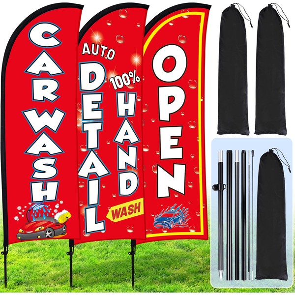 Buryeah 3 Sets Car Wash Sign Feather Flag Banner for