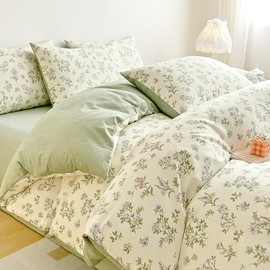 Nayoroom Bed Linen Cotton 135 x 200 cm Flowers White with Green Leaves Pink Flowers Pattern Duvet Cover Set 2-Piece Aesthetic Plants Botanical Reversible Bed Linen with Zip and 1 Pillowcase 80 x 80 cm