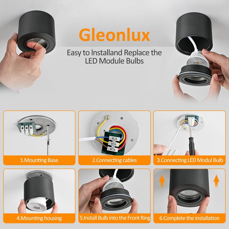 Gleonlux LED Surface-Mounted Spotlight, IP44, Black, Dimmable, Surface-Mounted Spotlights, Flat,
