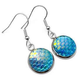 Mermaid Earrings, Shiny Blue Scale Charm Beads on Nickel Free Silver Tone Hooks : 33mm long, Cute Fish Scale Everyday Drop Earrings, Gift Idea for Women, Green Dragon Scales