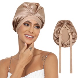 Ufgin Satin Bonnet Silk Bonnet for Sleeping Women - Adjustable Hair Bonnet with Elastic Tie Band Hair Wrap Cap for Curly Hair Night Sleep Cap(Champagne)