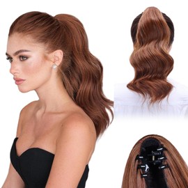 Claw Clip Ponytail Extension,14 Inch Auburn Curly Wavy Ponytail Claw Clip in Hair Extension for Women Fluffy Natural Looking Synthetic Hairpiece for Daily Use(14 Inch,Auburn)