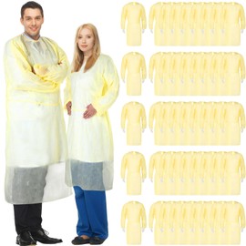 Xuhal 150 Pack Disposable Isolation Gowns PPE Gowns Disposable Bulk Fully Closed Double Tie Back Elastic Cuffs for Home Isolation, Labs, Dental, Beauty Agencies, Tattoo Practices, Unisex (Yellow)