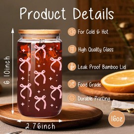 Coquette Bow Aesthetic Gift, Bows Lovers Gifts, Pink Bow Iced Coffee Cup with Lids and Straws, Pink Bow Themed Cup, Birthday Gifts for Women, Girlfriends, Best friend, Sister, Cute Bow Cups for Women