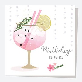 Birthday Card - Drinks - Pink Gin. For Female Adult, Birthday Card for Her, Alcohol, Foliage, Unisex, Party, Fun, Friends, Celebration, Premium. Card with Envelope. (4201)