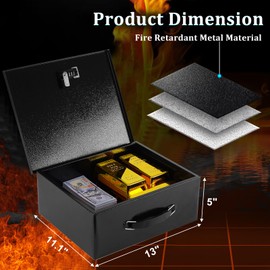Dalmbox Portable Metal Safe Box with Dual Combination and Key Lock - Fire Resistant Storage for Documents, Car, Home and Outside - X Large 13.2"x 11"x 5.1" Black Box