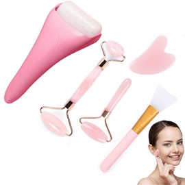Rodillo de Masaje para Facial Antienvejecimiento, con Tablero Gua Sha, Rodillo de hielo,Herramientas Faciales, Cepillo de Mascarilla de Silicona Perfecto para Belleza de Cuello y Cara, 5 EN 1, Rosado