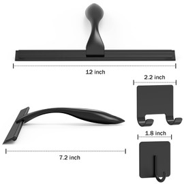 All-Purpose Stainless Steel Shower Squeegee for Shower Doors with 2 Adhesive Hooks, Bathroom Cleaner Tool Household Window Mirror Squeegee for Home Cleaning, Glass Door, Tile Wall, Car, 12 Inch Black