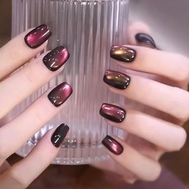 Press on Nails Short Square Fake Nails with Purple Green Discoloration Cat Eye Designs Glossy Glue on Nalis Full Cover Acrylic Nails Cute False Nails Artificial Stick on Nails for Women 30Pcs