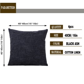 GONOVE Cushion Covers 40×40cm Solid Soft Cotton Linen Throw Pillow Cover Set of 4 Decorative Plain Pillowcase Square Cushion Cover for Home Sofa Bed Chair Décor, Black Ash