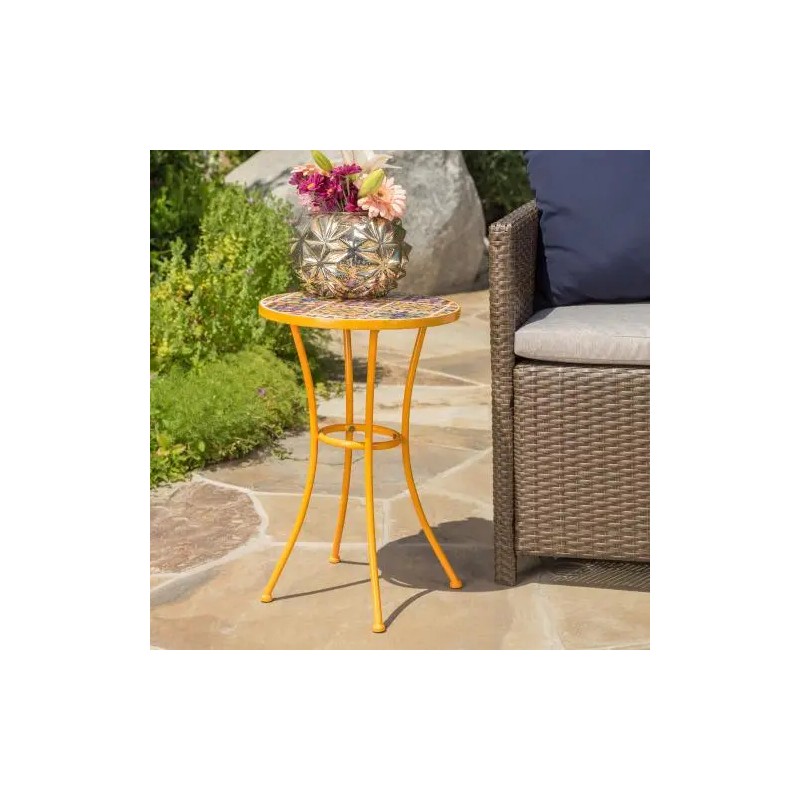 Yellow Outdoor Side Table with Colorful Tile Mosaic Top and