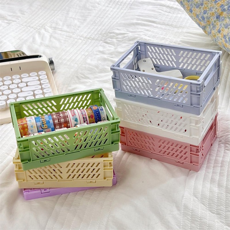 Mini Folding Plastic Basket for Storage 4 PCS，Mini Storage Crates